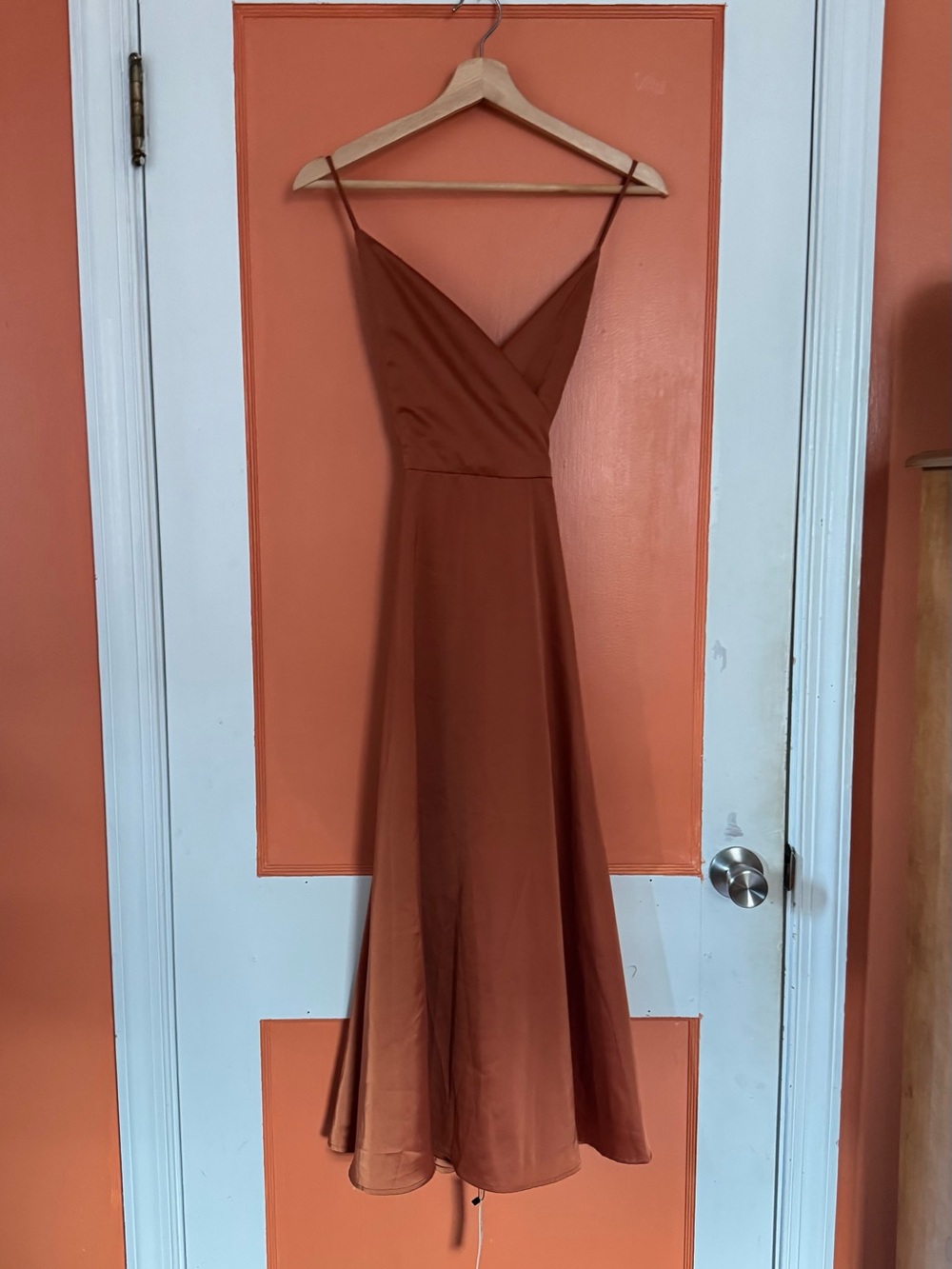 Satin Slip Dress with Spaghetti Straps in Rust